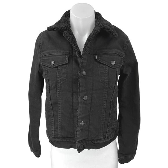 Levi’s Black Denim Sherpa Fleece Long Sleeve Button Down Trucker Coat Jacket S - Picture 1 of 5